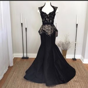 Mac Duggal Black lace Peplum mermaid gown
